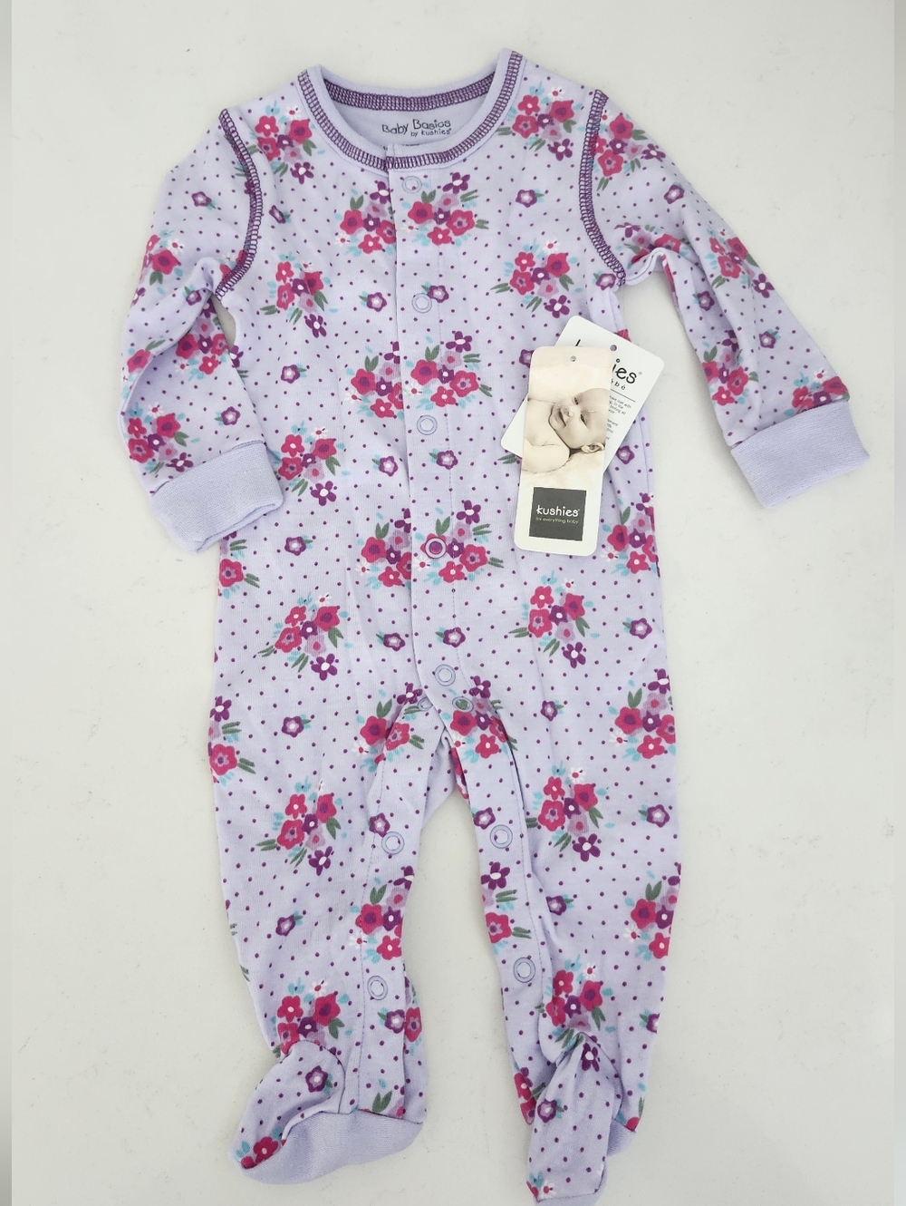 Kushies Baby Girl Floral Purple Pubk Sleeper Pajamas 3M